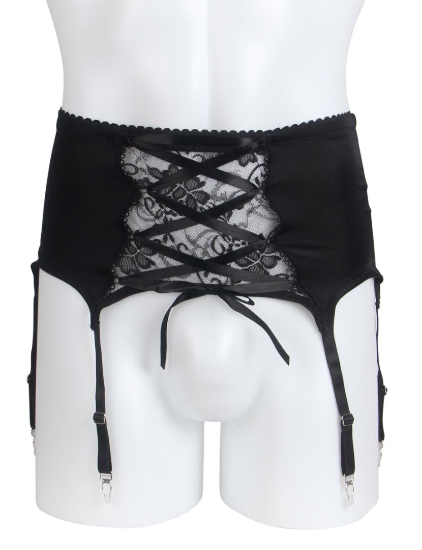 Teasefashion men's lace garter panty in black with lace-up front and adjustable straps