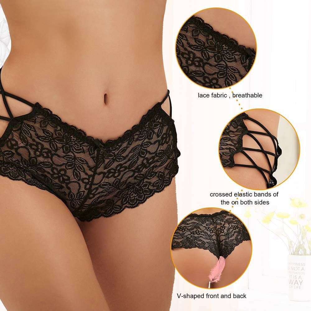 Sexy Black High Waist Floral Lace Strappy Panty.,