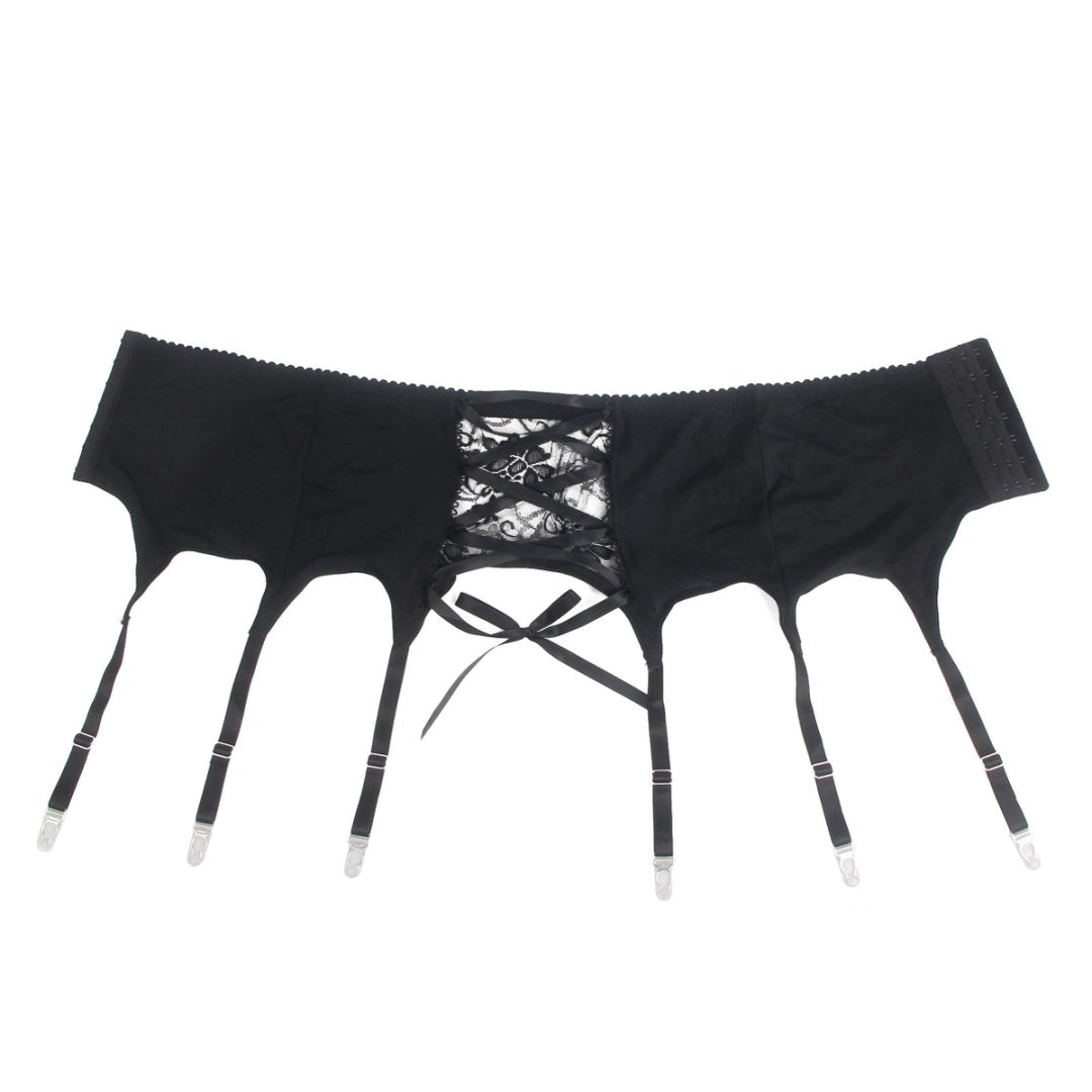 Black men's lace garter panty with adjustable straps and lace-up detail by Teasefashion