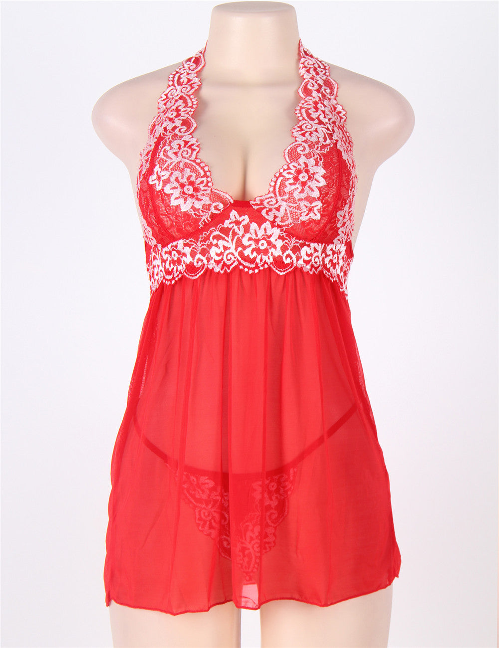 Red Lace stitching Halter Open Back Sleepwear