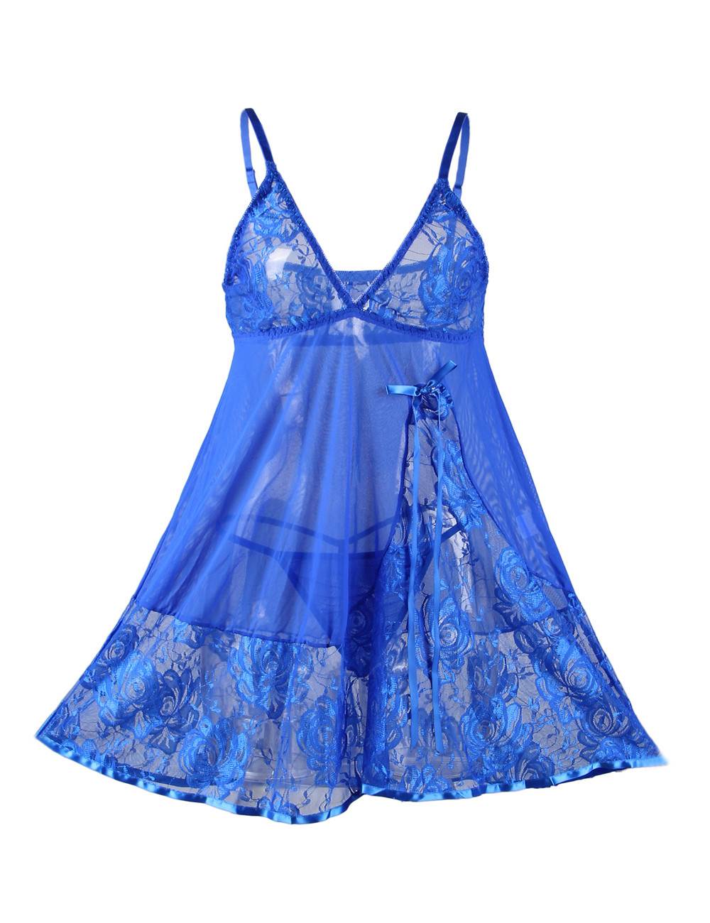 Sexy Transparent V Neck Lace Short Blue Plus Size Nightdress