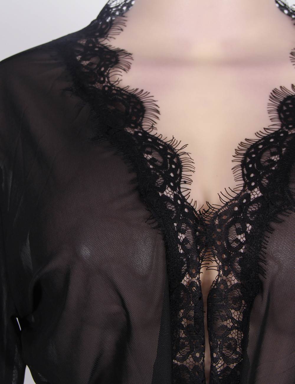 Black Sheer Lace Trim Sexy Robe With Belts