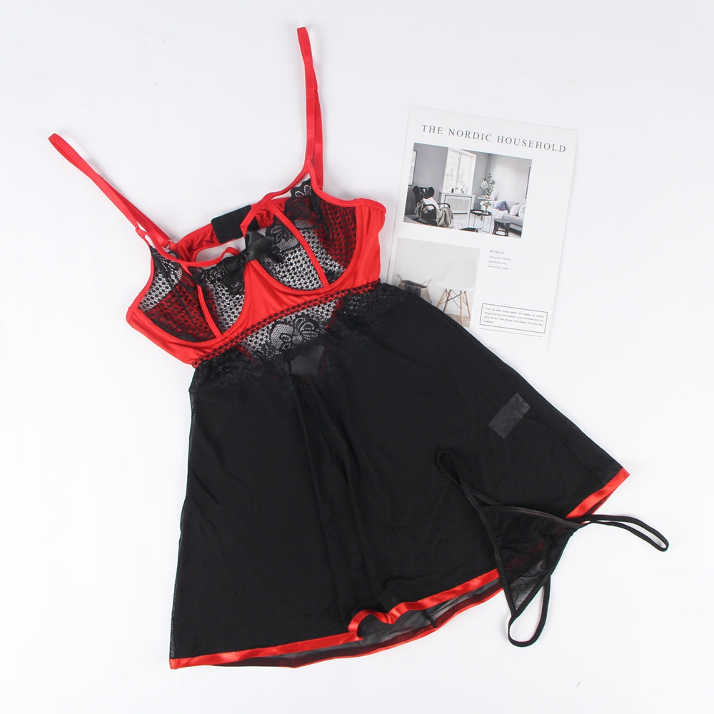 Black Red Short Lace Sleepwear with Underwire