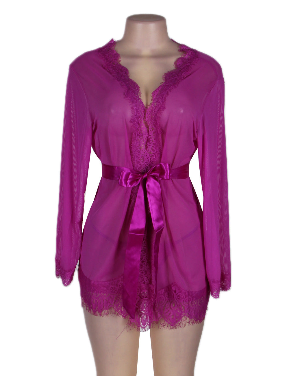 Plus Size Purple Lace Trim Robe With Thong