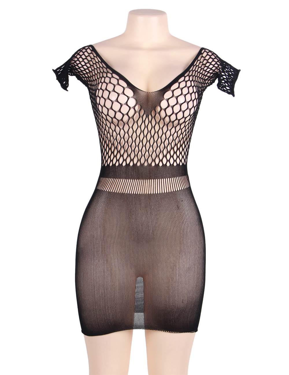 Black Crotchet Mesh Hollow-out Mini Chemise Dress