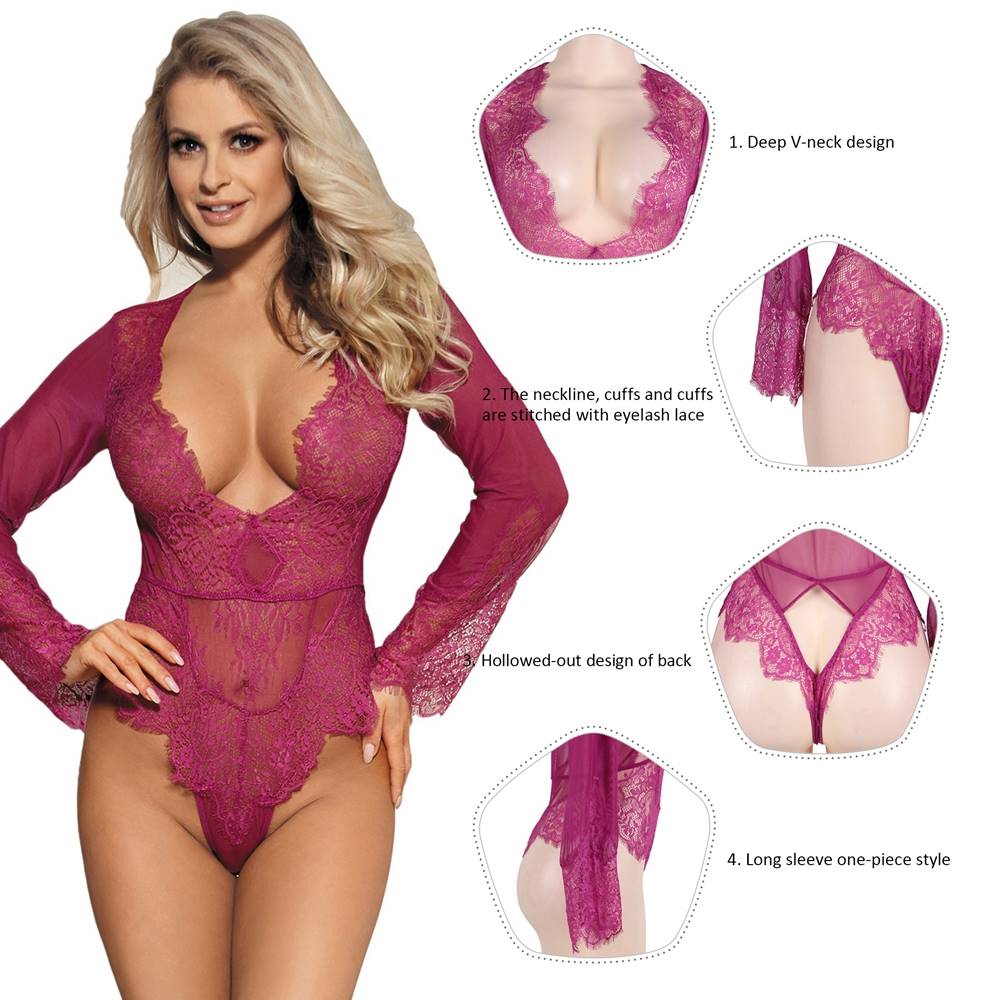 Rose Red Long Sleeve Exquisite Lace Teddy