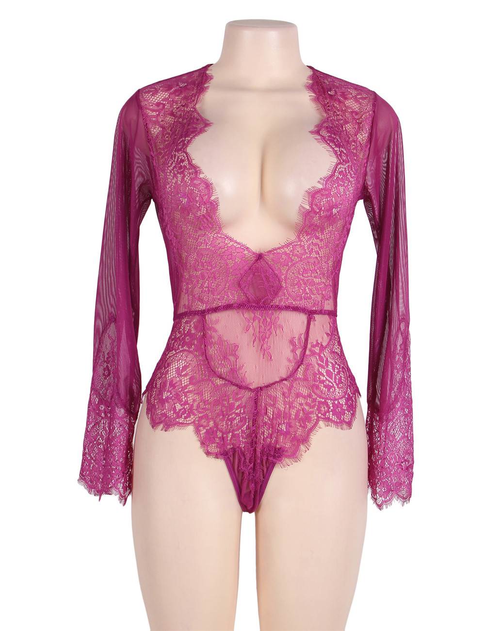 Rose Red Long Sleeve Exquisite Lace Teddy