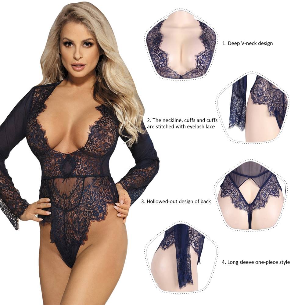 Blue Long Sleeve Exquisite Lace Teddy
