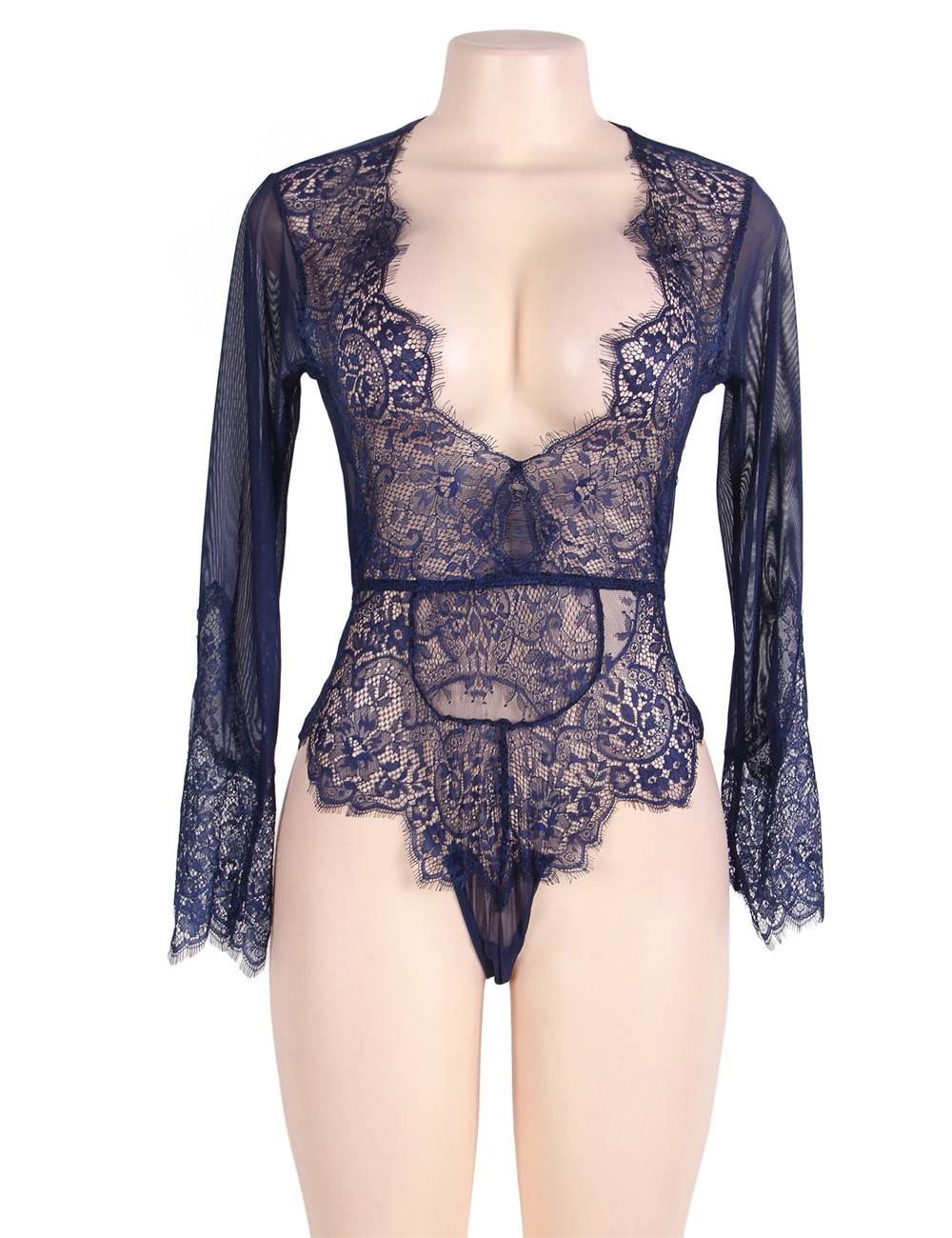 Blue Long Sleeve Exquisite Lace Teddy