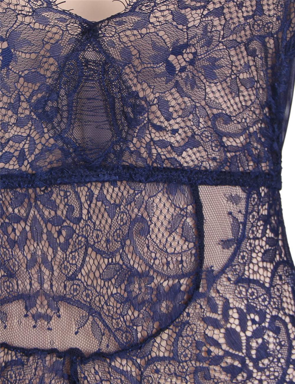 Blue Long Sleeve Exquisite Lace Teddy
