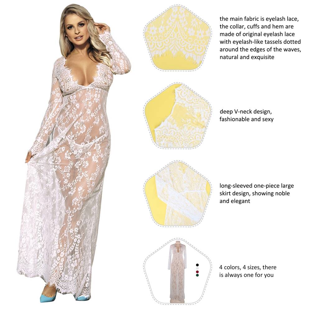 Langes weißes Nachthemd mit String, sexy durchsichtig, V-Ausschnitt