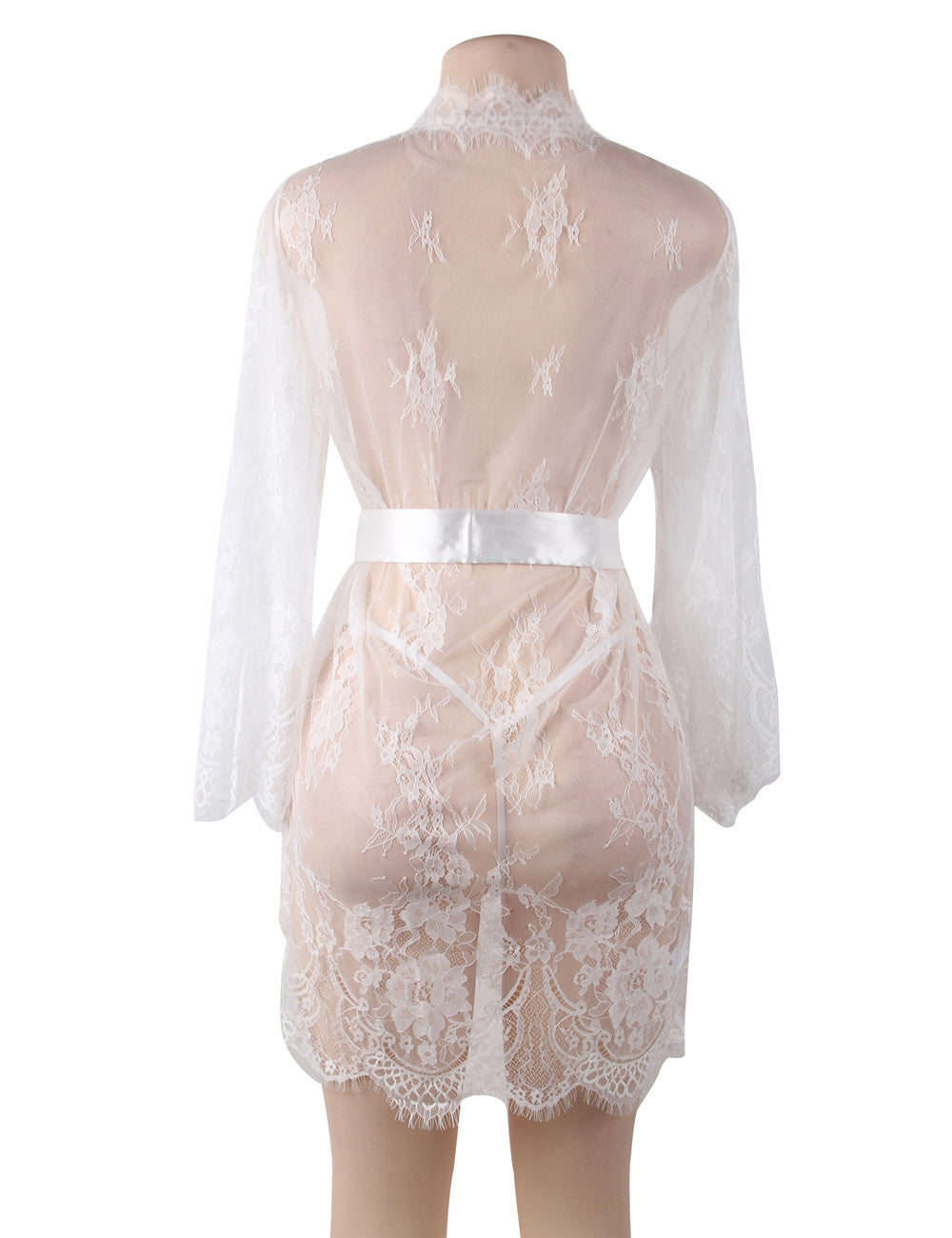 Sexy Long Sleeve White Eyelash Lace Short Sleepwear With Thong
