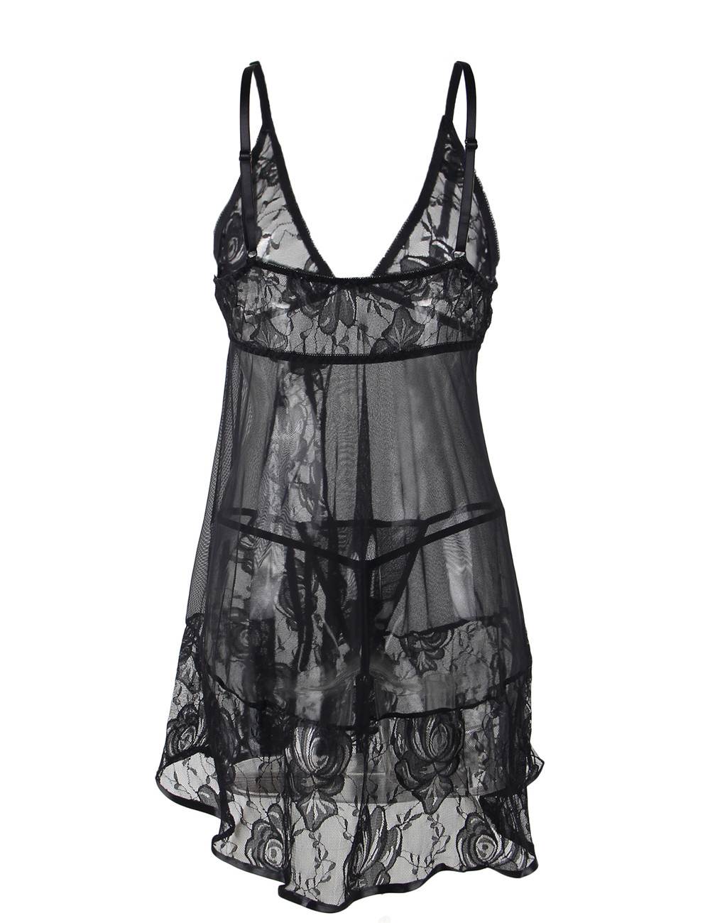 Sexy Black Transparent V Neck Lace Short Nightdress