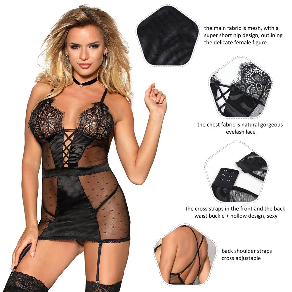 Lingerie sexy noire moulante en résille transparente avec porte-jarretelles et string