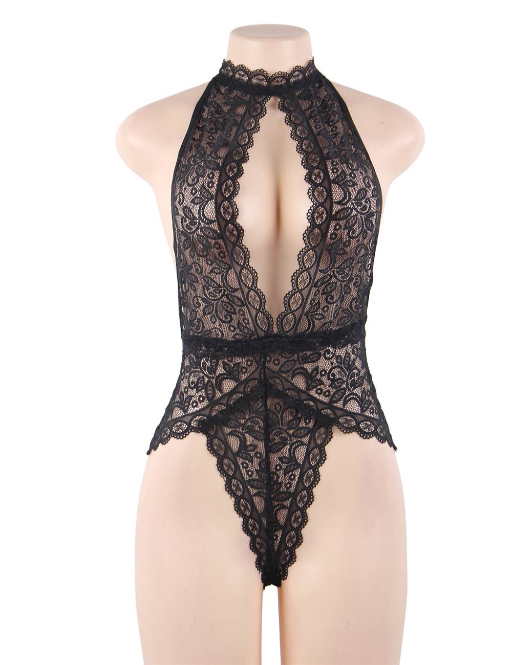 Plus Size schwarzer, exquisiter Spitzen-Teddy mit offenen Cups