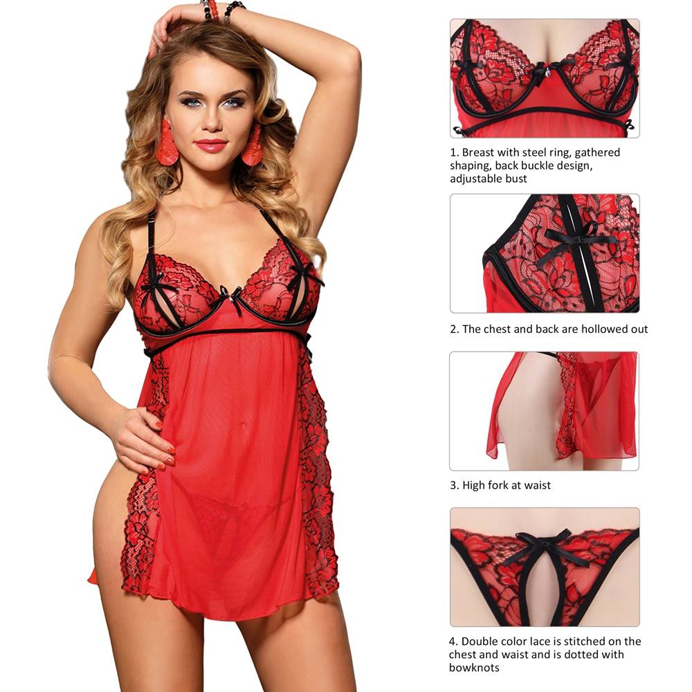 Elegantes, trägerloses, rotes, transparentes Spitzen-Babydoll in Übergröße