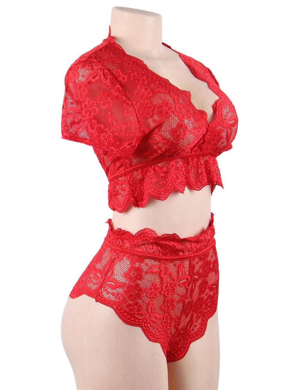 Plus Size High Waist Red Full Lace Bra Panty Underwear