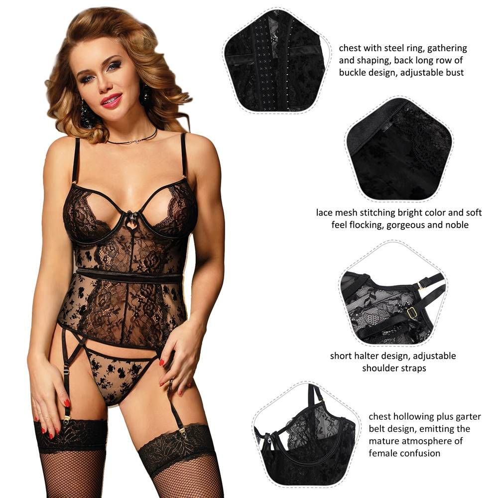 Exquisite Flocking Black Lace Garter Lingerie With Underwire