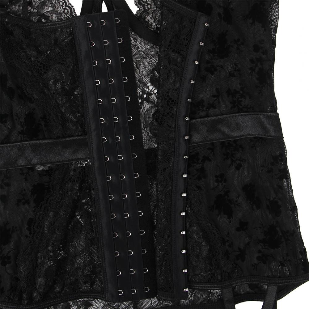 Exquisite Flocking Black Lace Garter Lingerie With Underwire