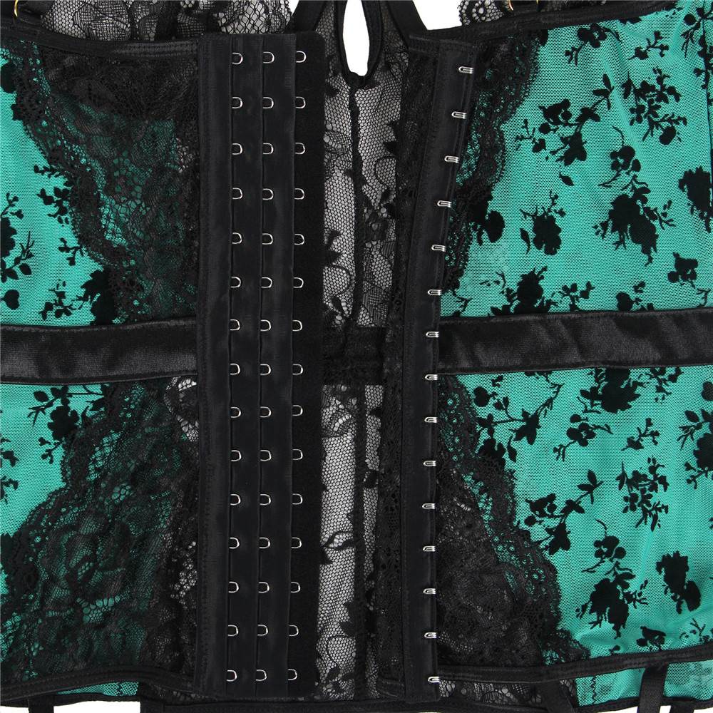 Jarretière en dentelle verte floquée exquise, grande taille, avec armatures