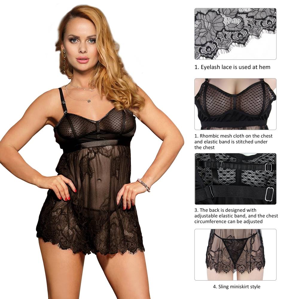 High Quality Elegant Black Lace Sexy Babydoll