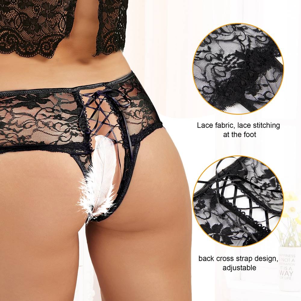 Black Open Crotch Floral Lace Panty