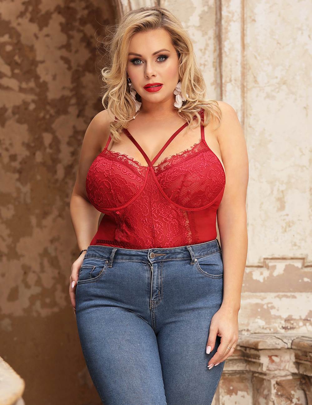 Lace Red Openable Crotch  Plus Size  Bodysuit Without Underwire