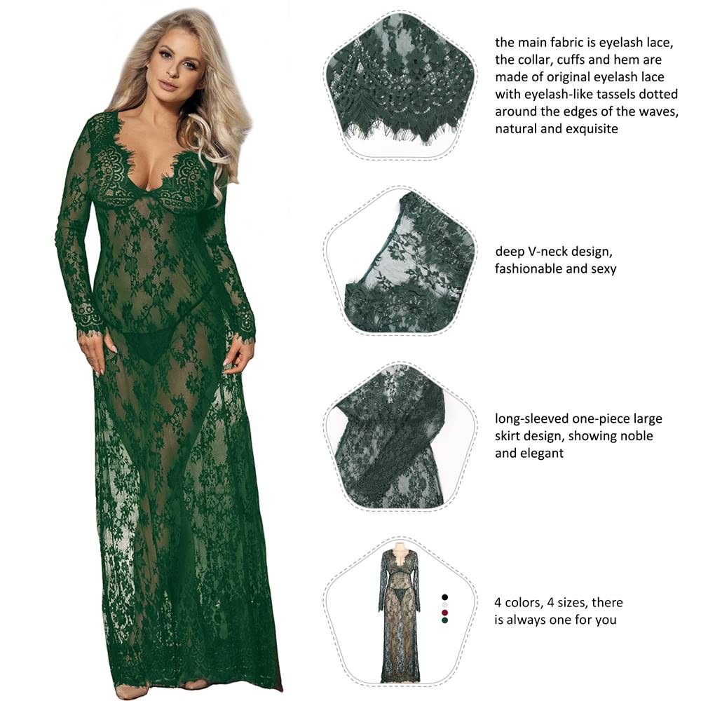 Green V Neck Sexy See-through Long Nightdress With Thong