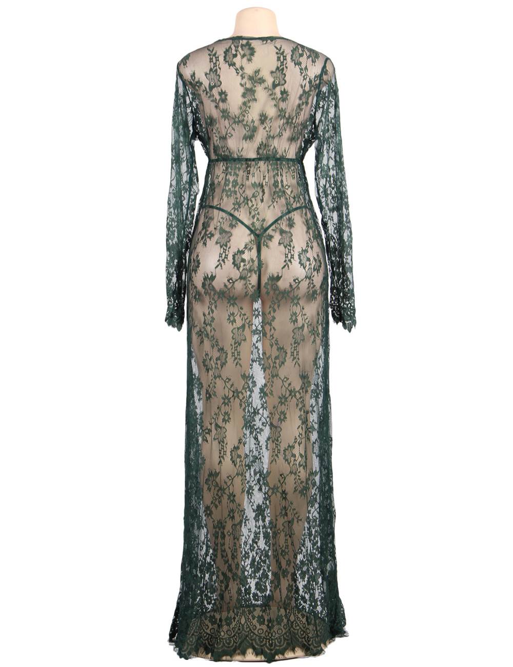 Green V Neck Sexy See-through Long Nightdress With Thong