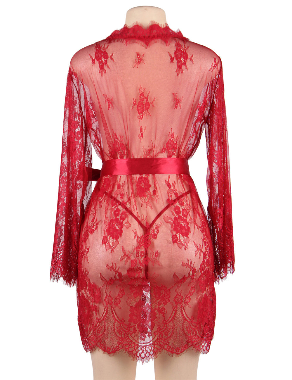 Sexy Plus Size Langarm-Nachtwäsche aus Wimpernspitze in Rot mit passendem String