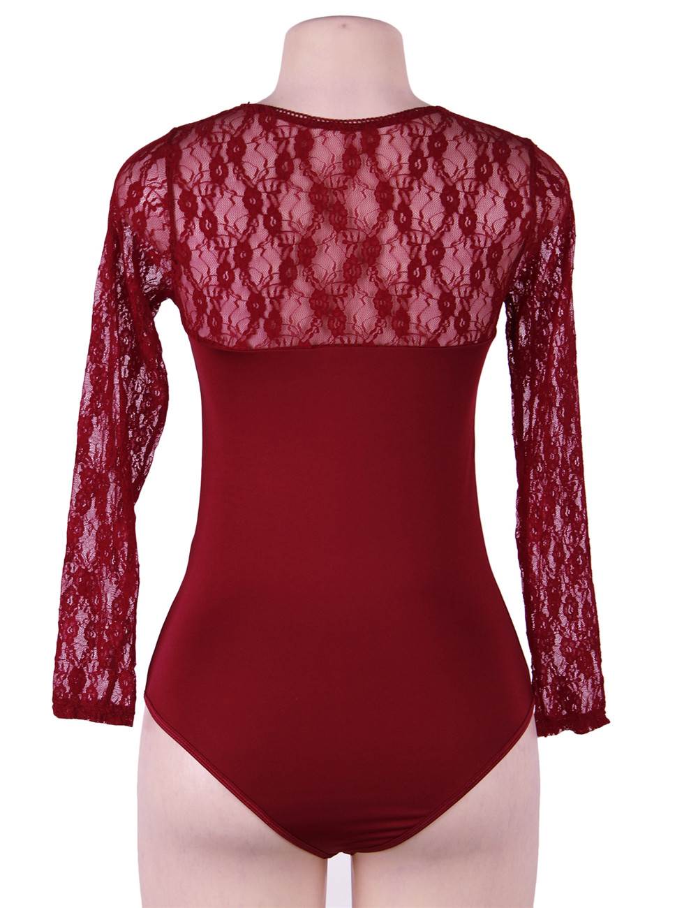 Long Sleeve Plus Size Openable Crotch Mesh Red Bodysuit