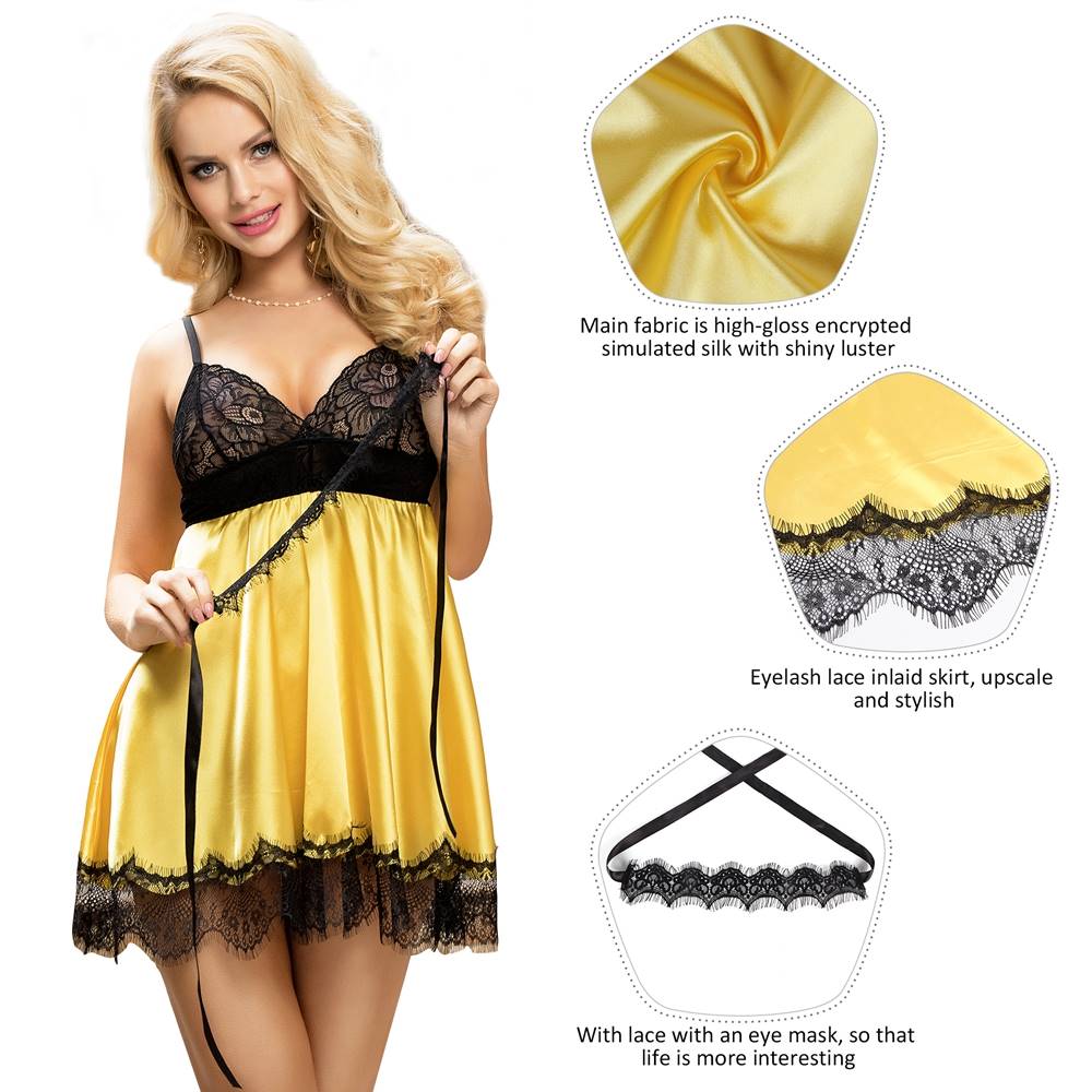 Yellow Sleepwear With Blindfold Silk Eyelash Lace Camisole