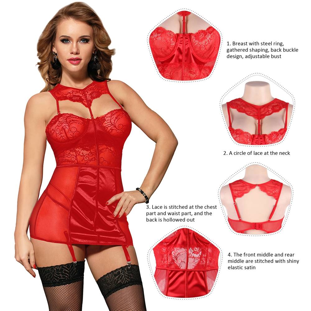 Rotes Deluxe-Babydoll aus Satin-Spitze mit Stahlring