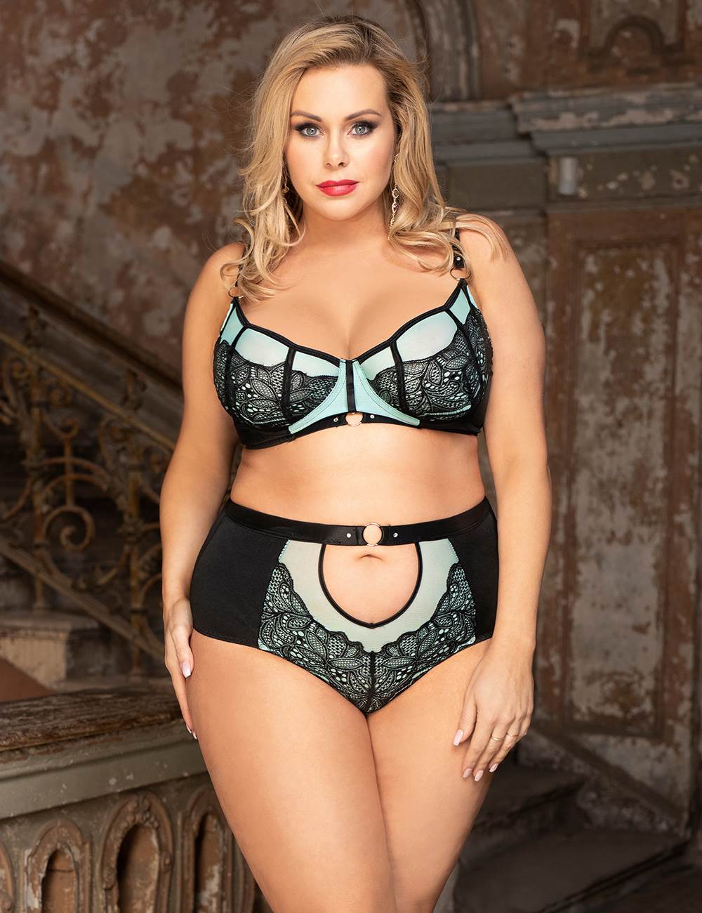 Plus Size Blue Exquisite Sexy Lace Splice Bra Set With Underwire