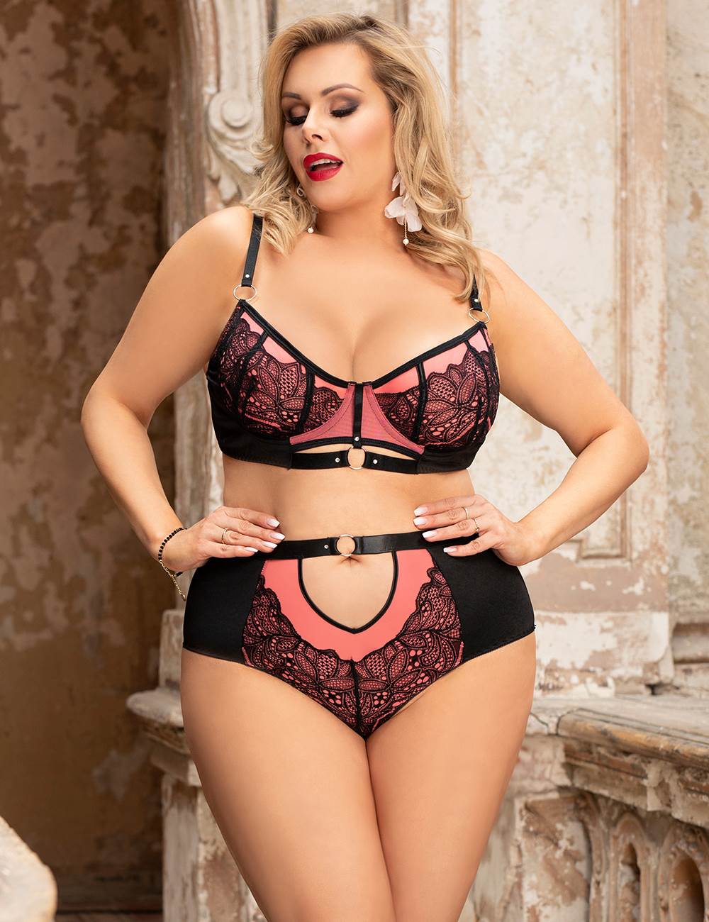 Plus Size Pink Exquisite Sexy Lace Splice Bra Set With Underwire