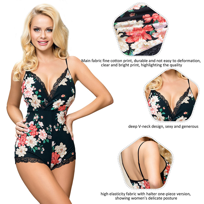 Deep V-neck Silk Floral Print One-piece Sleepwear