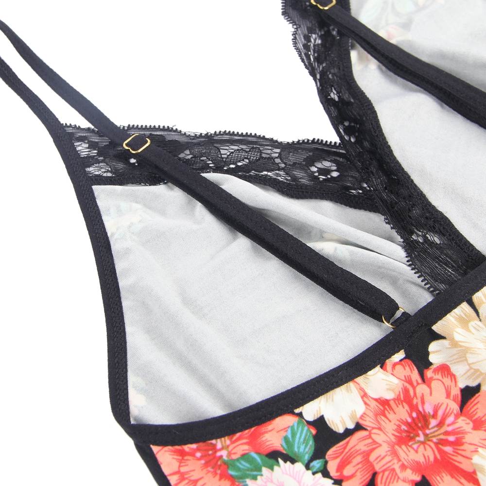 Deep V-neck Silk Floral Print One-piece Sleepwear