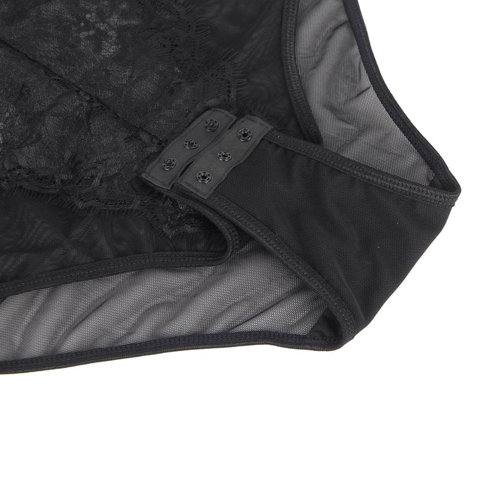 Schwarzer, hochwertiger Spitzen-Teddy in Übergröße mit offenem Schritt und Bügeln