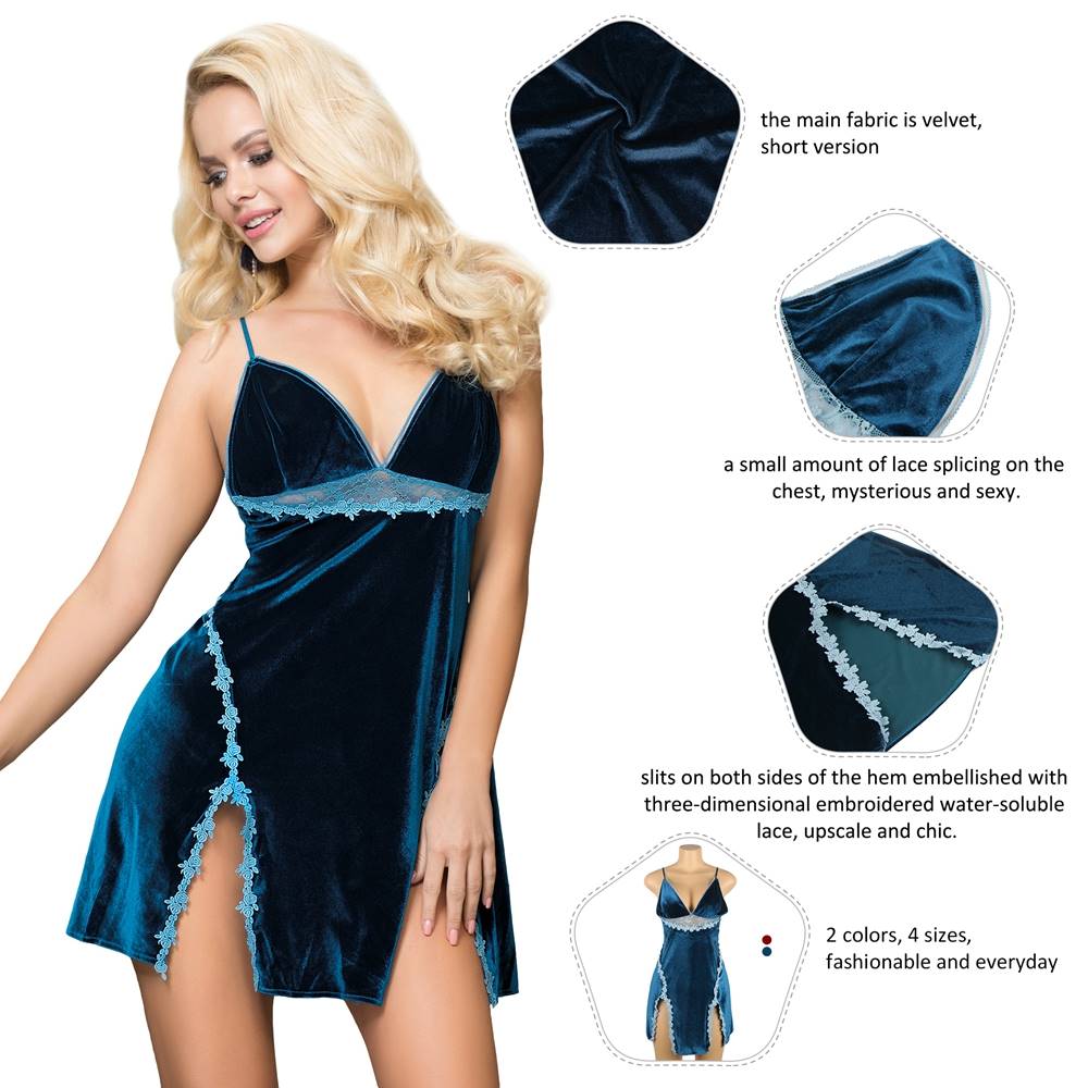 Velour Embroidery Blue Nightdress With G String