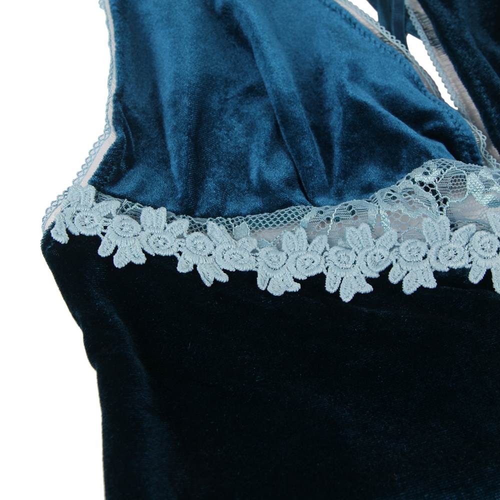 Velour Embroidery Blue Nightdress With G String