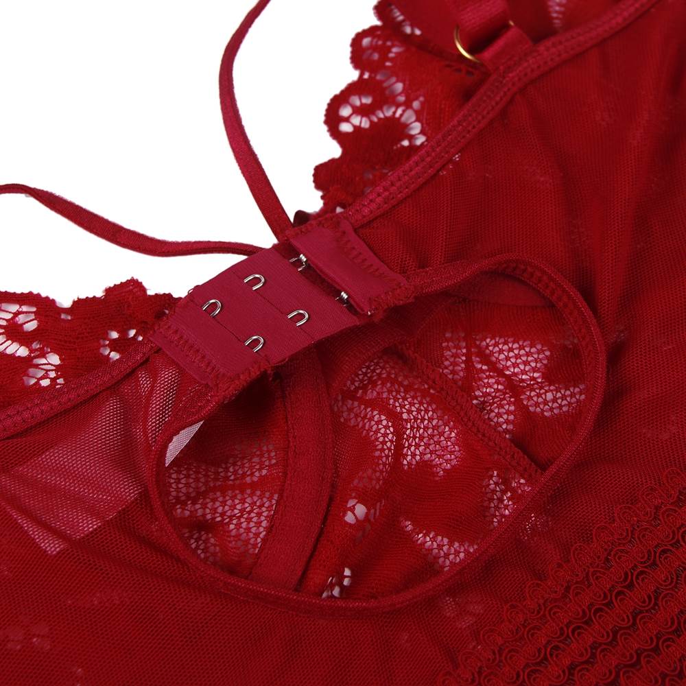 Babydoll mit Strumpfhalter und Bügeln, Plus-Size, Mesh-Einsätze, dunkelrote Spitze