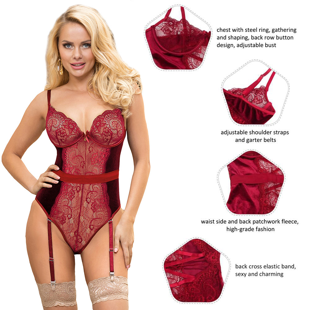 Sexy Red Lace Velour Garter bodysuit With Underwire