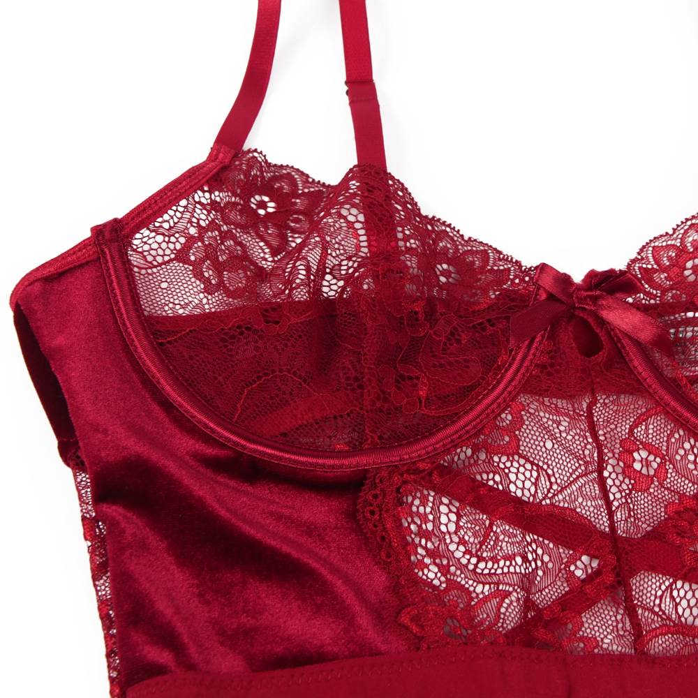 Sexy Red Lace Velour Garter bodysuit With Underwire