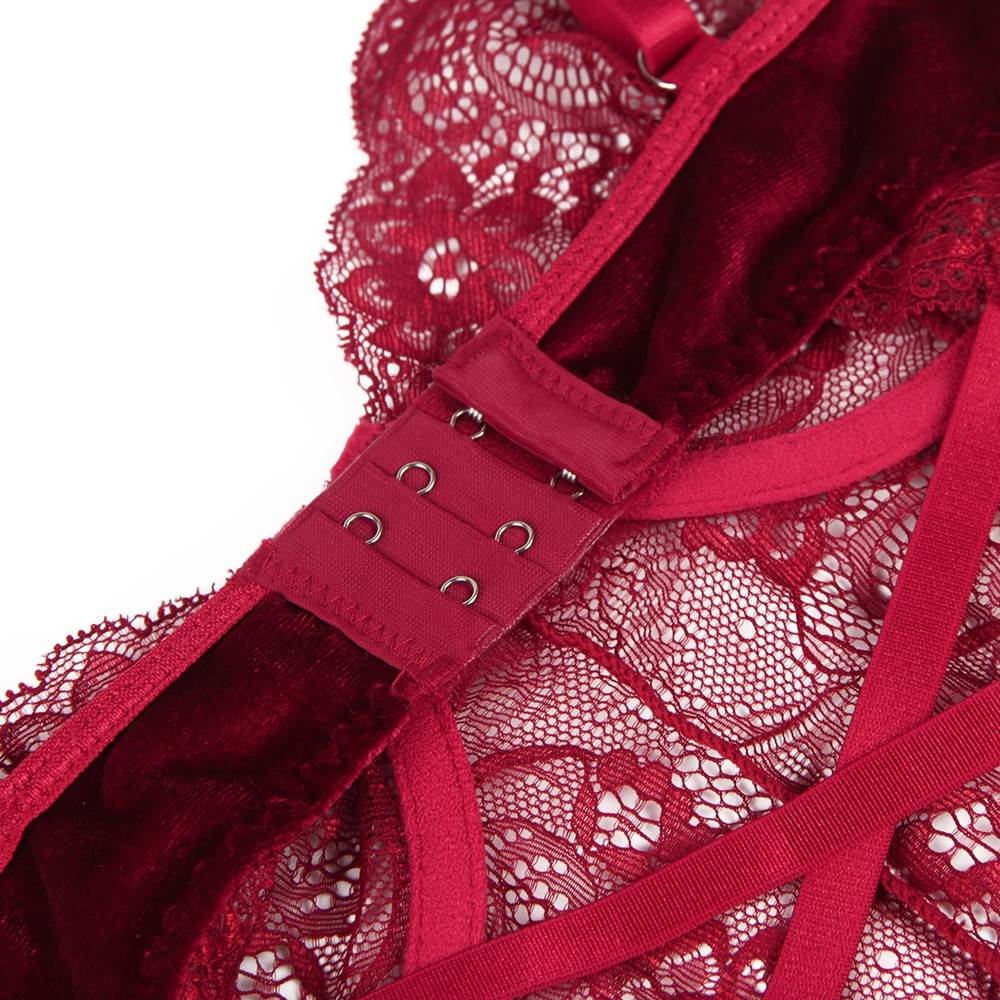 Sexy Red Lace Velour Garter bodysuit With Underwire