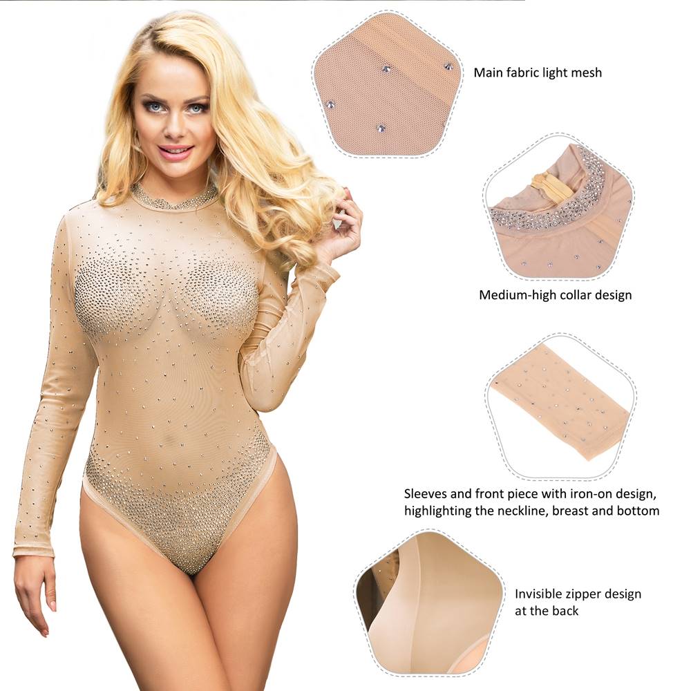 Long Sleeve Mesh Rhinestone Sexy Women Transparent Teddy