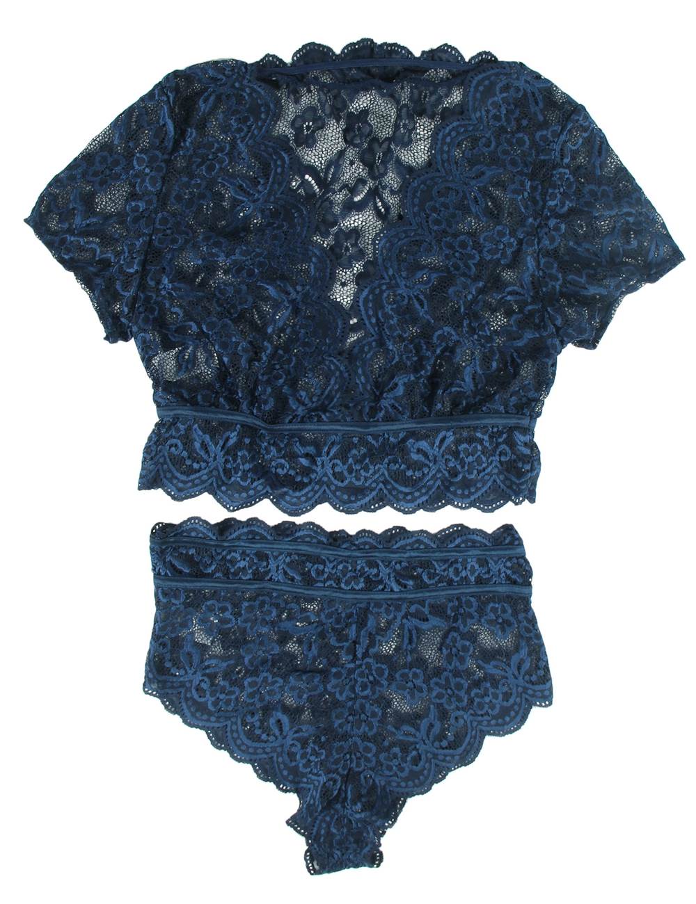 Plus Size High Waist Dunkelblauer BH und Slip aus Vollspitze