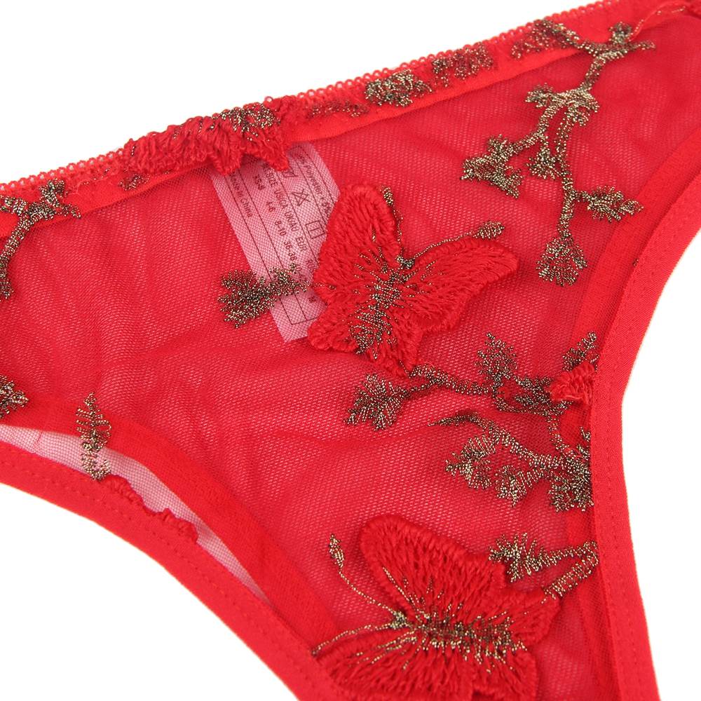Dessous-Set aus rotem Mesh mit Schmetterlingsmuster und Bügeln, bestickt mit Bügeln