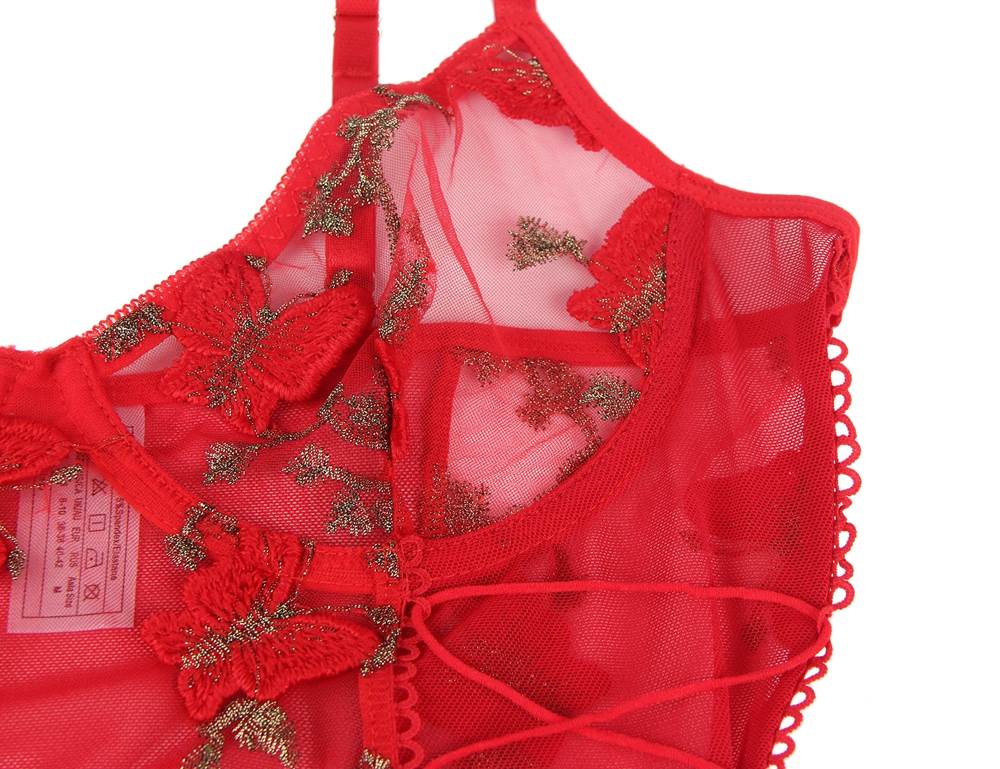 Dessous-Set aus rotem Mesh mit Schmetterlingsmuster und Bügeln, bestickt mit Bügeln