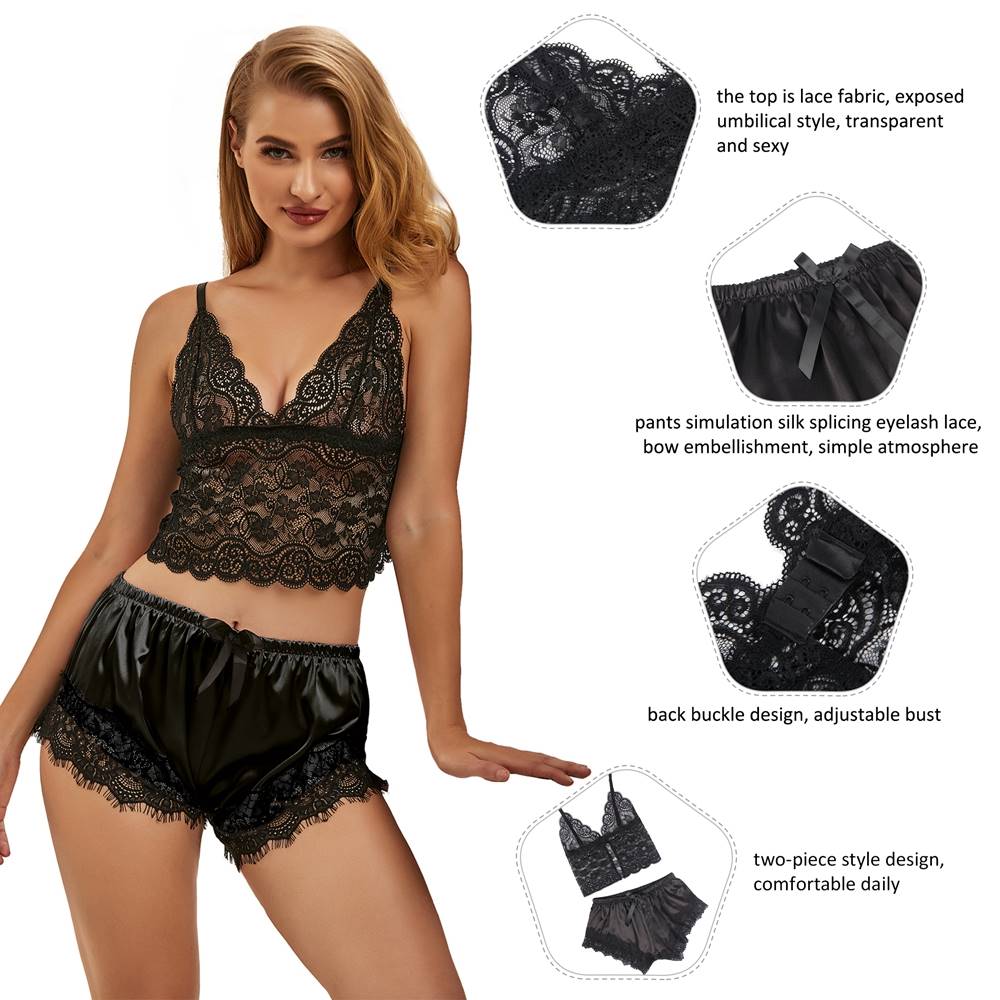 Casual Lace Silk Camisole Black Sleepwear Set