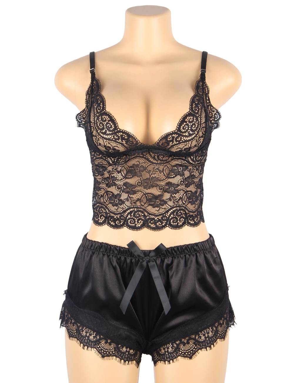Casual Lace Silk Camisole Black Sleepwear Set